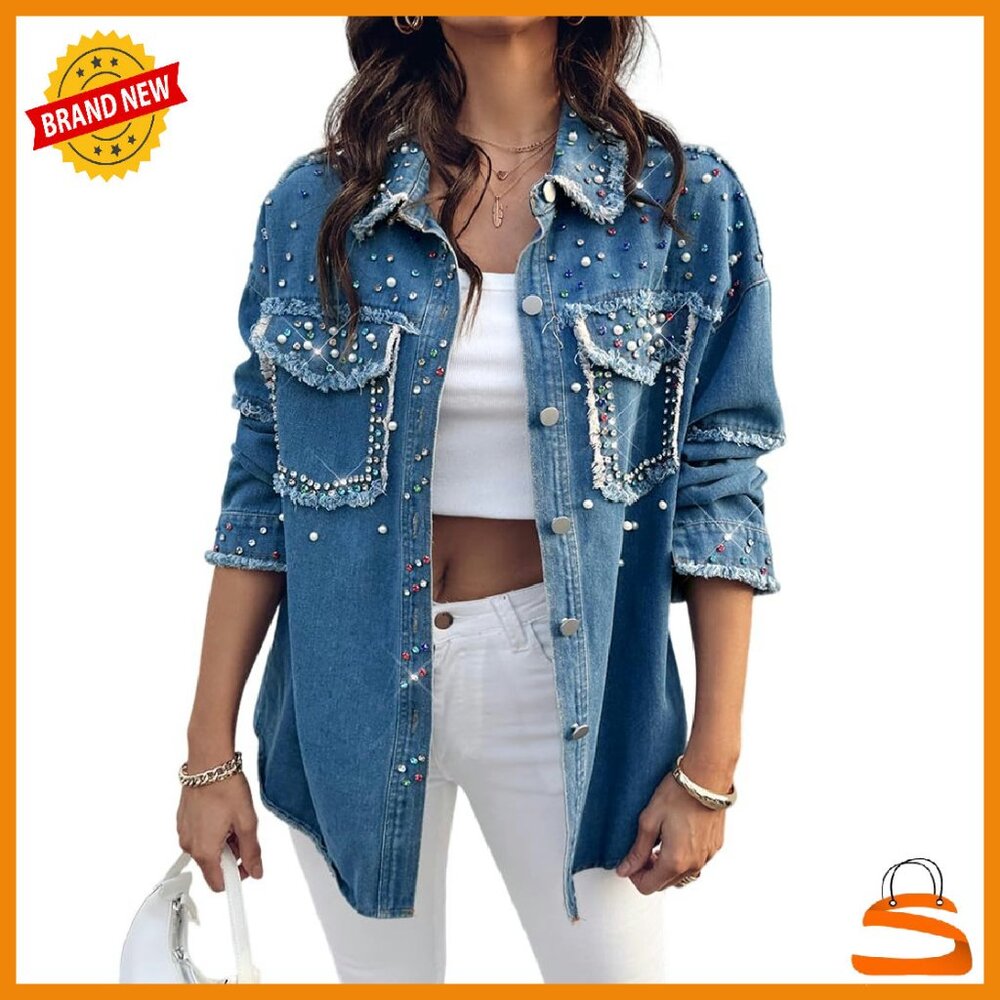 Oversized Denim Jacket with Sequin Pockets, Long Sleeve Shacket